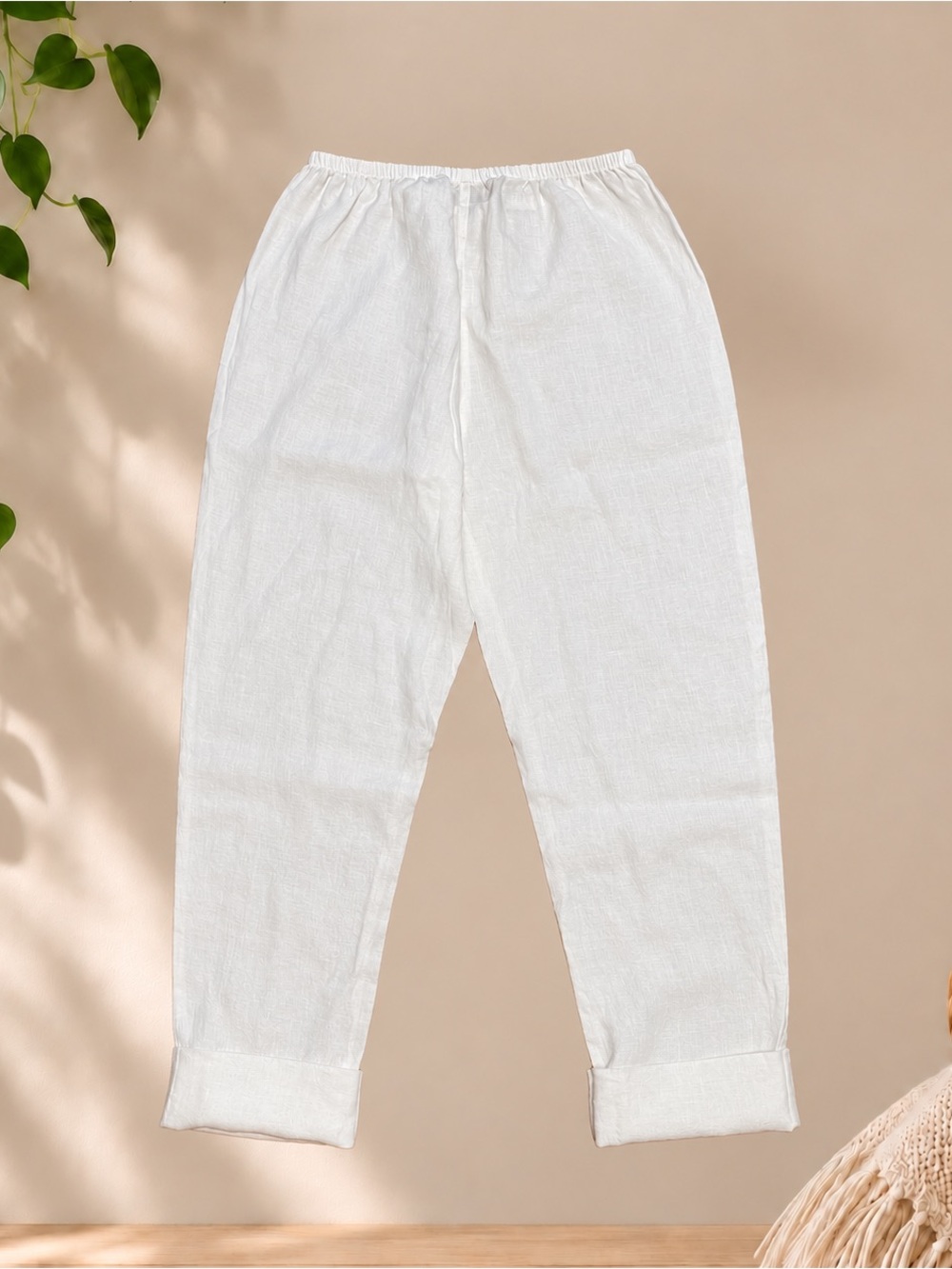 Flax 100% Linen White Pull-On Pants with Cuffed Hem